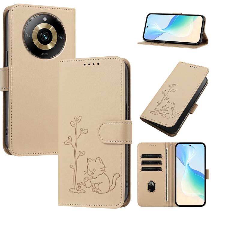 YX0014 Cat Watering Tree Buckle Vegan Leather Phone Case with Lanyard, For Realme 11 Pro, For Realme C65, For Realme C55