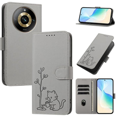 YX0014 Cat Watering Tree Buckle Vegan Leather Phone Case with Lanyard, For Realme 11 Pro, For Realme C65, For Realme C55