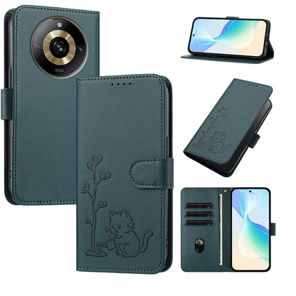 YX0014 Cat Watering Tree Buckle Vegan Leather Phone Case with Lanyard, For Realme 11 Pro, For Realme C65, For Realme C55