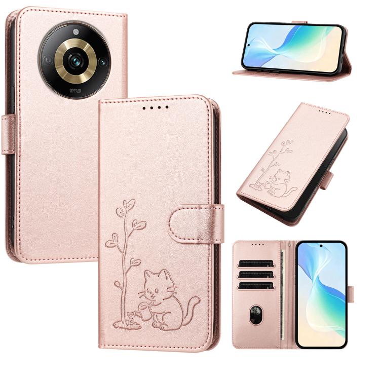 YX0014 Cat Watering Tree Buckle Vegan Leather Phone Case with Lanyard, For Realme 11 Pro, For Realme C65, For Realme C55