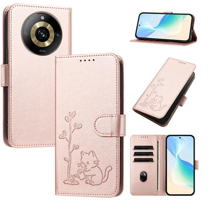 YX0014 Cat Watering Tree Buckle Vegan Leather Phone Case with Lanyard, For Realme 11 Pro, For Realme C65, For Realme C55