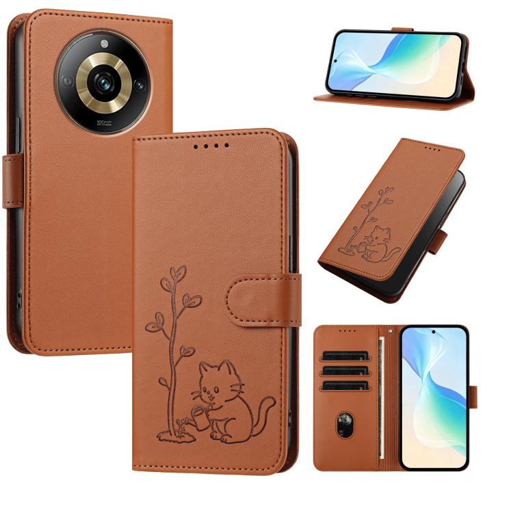 YX0014 Cat Watering Tree Buckle Vegan Leather Phone Case with Lanyard, For Realme 11 Pro, For Realme C65, For Realme C55