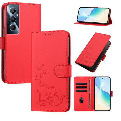 YX0014 Cat Watering Tree Buckle Vegan Leather Phone Case with Lanyard, For Realme 11 Pro, For Realme C65, For Realme C55
