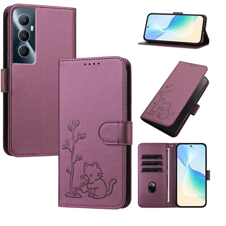 YX0014 Cat Watering Tree Buckle Vegan Leather Phone Case with Lanyard, For Realme 11 Pro, For Realme C65, For Realme C55