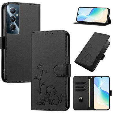 YX0014 Cat Watering Tree Buckle Vegan Leather Phone Case with Lanyard, For Realme 11 Pro, For Realme C65, For Realme C55