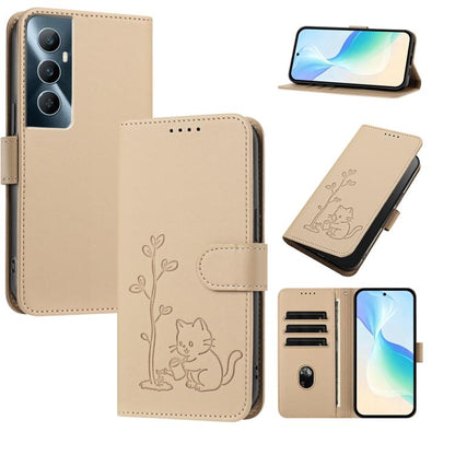 YX0014 Cat Watering Tree Buckle Vegan Leather Phone Case with Lanyard, For Realme 11 Pro, For Realme C65, For Realme C55