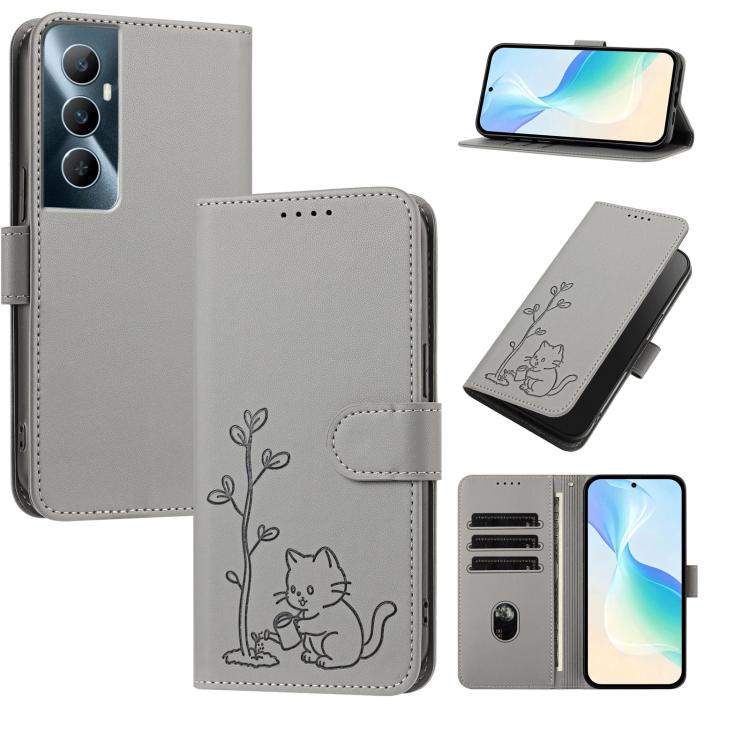 YX0014 Cat Watering Tree Buckle Vegan Leather Phone Case with Lanyard, For Realme 11 Pro, For Realme C65, For Realme C55