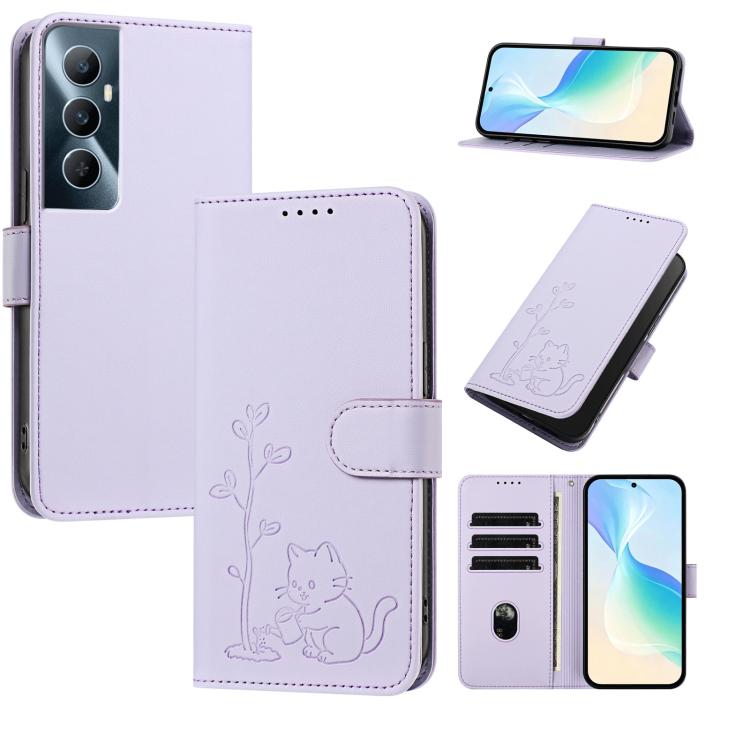 YX0014 Cat Watering Tree Buckle Vegan Leather Phone Case with Lanyard, For Realme 11 Pro, For Realme C65, For Realme C55