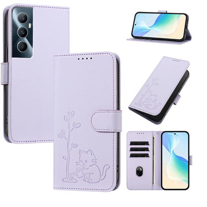 YX0014 Cat Watering Tree Buckle Vegan Leather Phone Case with Lanyard, For Realme 11 Pro, For Realme C65, For Realme C55
