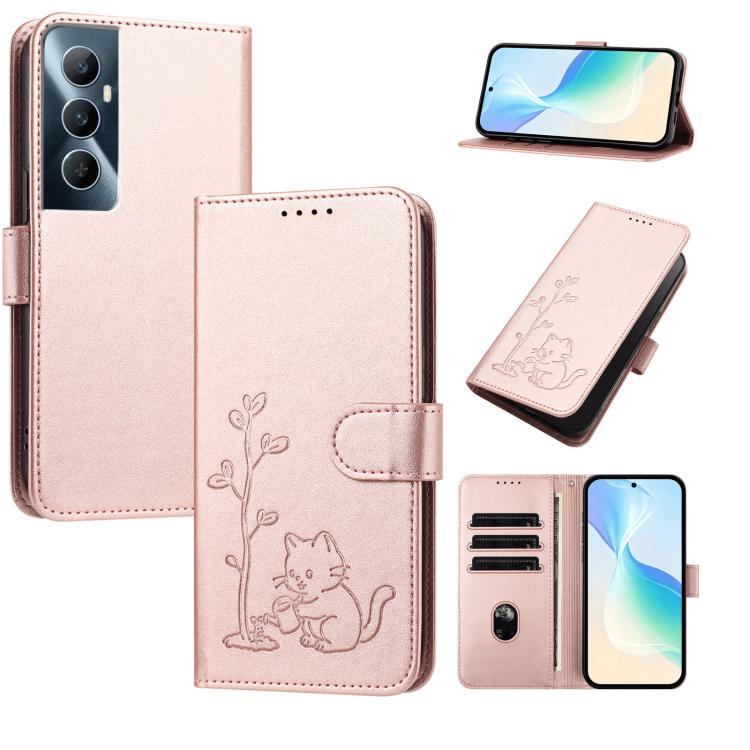 YX0014 Cat Watering Tree Buckle Vegan Leather Phone Case with Lanyard, For Realme 11 Pro, For Realme C65, For Realme C55