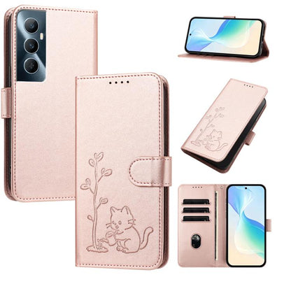 YX0014 Cat Watering Tree Buckle Vegan Leather Phone Case with Lanyard, For Realme 11 Pro, For Realme C65, For Realme C55