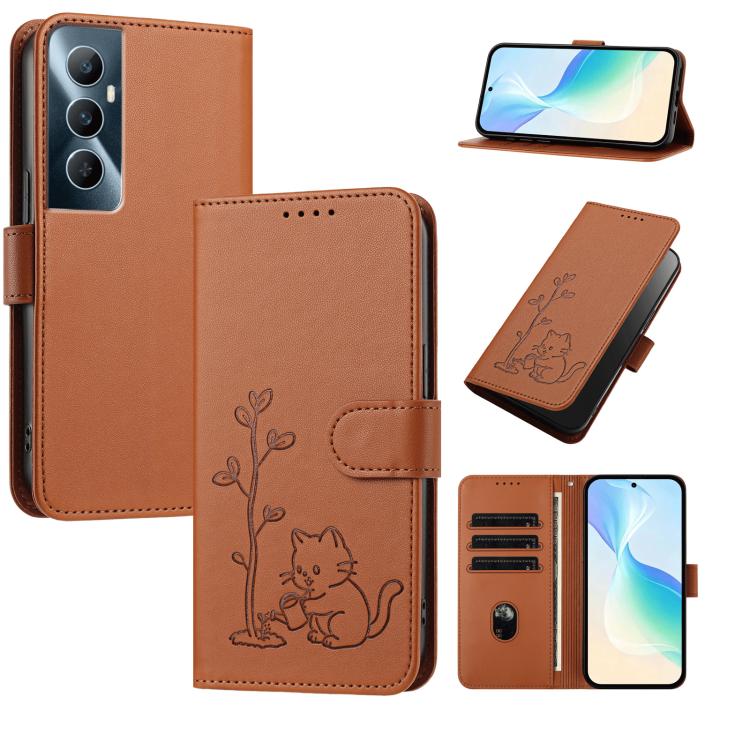 YX0014 Cat Watering Tree Buckle Vegan Leather Phone Case with Lanyard, For Realme 11 Pro, For Realme C65, For Realme C55