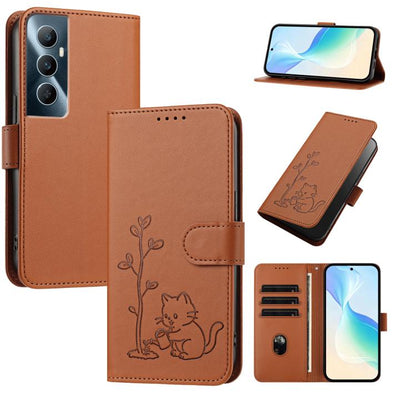 YX0014 Cat Watering Tree Buckle Vegan Leather Phone Case with Lanyard, For Realme 11 Pro, For Realme C65, For Realme C55