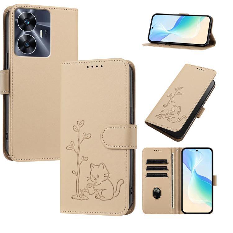 YX0014 Cat Watering Tree Buckle Vegan Leather Phone Case with Lanyard, For Realme 11 Pro, For Realme C65, For Realme C55
