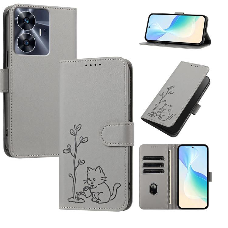 YX0014 Cat Watering Tree Buckle Vegan Leather Phone Case with Lanyard, For Realme 11 Pro, For Realme C65, For Realme C55