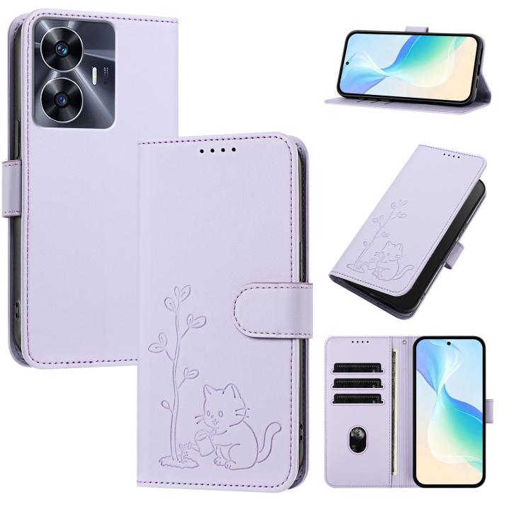 YX0014 Cat Watering Tree Buckle Vegan Leather Phone Case with Lanyard, For Realme 11 Pro, For Realme C65, For Realme C55