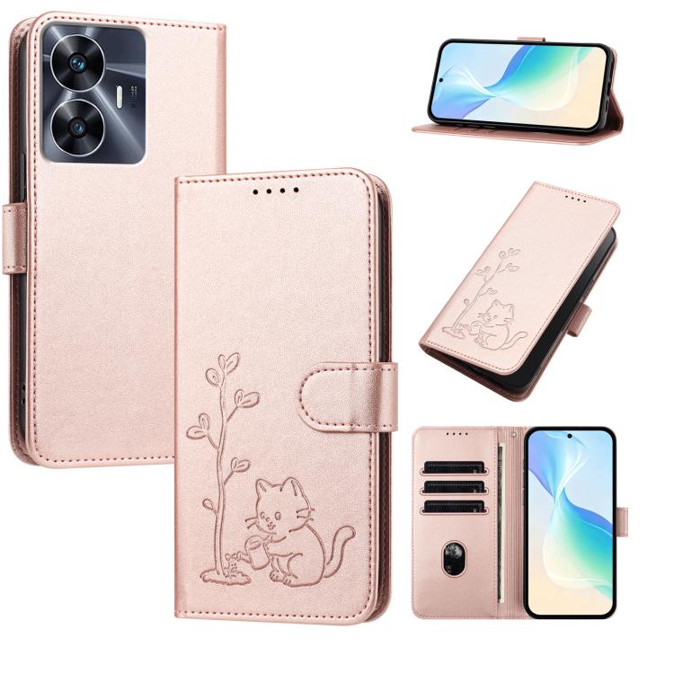 YX0014 Cat Watering Tree Buckle Vegan Leather Phone Case with Lanyard, For Realme 11 Pro, For Realme C65, For Realme C55
