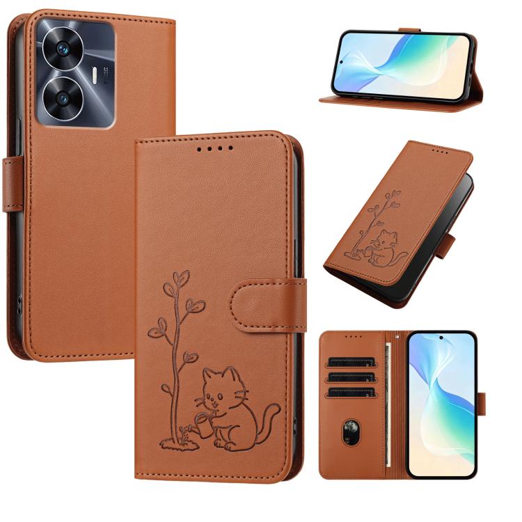 YX0014 Cat Watering Tree Buckle Vegan Leather Phone Case with Lanyard, For Realme 11 Pro, For Realme C65, For Realme C55