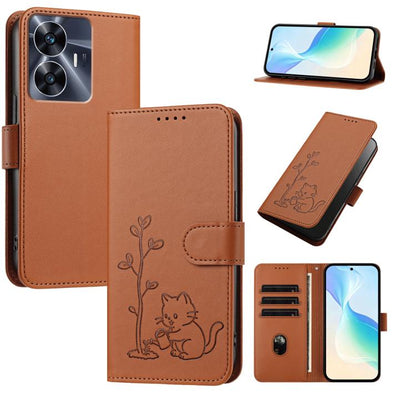 YX0014 Cat Watering Tree Buckle Vegan Leather Phone Case with Lanyard, For Realme 11 Pro, For Realme C65, For Realme C55