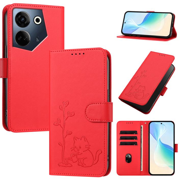 YX0014 Cat Watering Tree Buckle Vegan Leather Phone Case with Lanyard, For Tecno Camon 20 Premier, For Tecno Camon 20, For Tecno Spark 10C, For Tecno Spark 10, For Tecno Spark Go 2023, For Tecno Spark 10 Pro