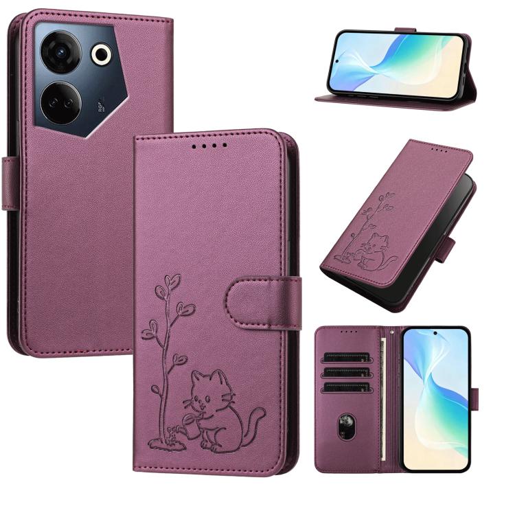 YX0014 Cat Watering Tree Buckle Vegan Leather Phone Case with Lanyard, For Tecno Camon 20 Premier, For Tecno Camon 20, For Tecno Spark 10C, For Tecno Spark 10, For Tecno Spark Go 2023, For Tecno Spark 10 Pro