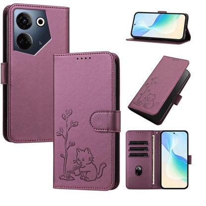 YX0014 Cat Watering Tree Buckle Vegan Leather Phone Case with Lanyard, For Tecno Camon 20 Premier, For Tecno Camon 20, For Tecno Spark 10C, For Tecno Spark 10, For Tecno Spark Go 2023, For Tecno Spark 10 Pro
