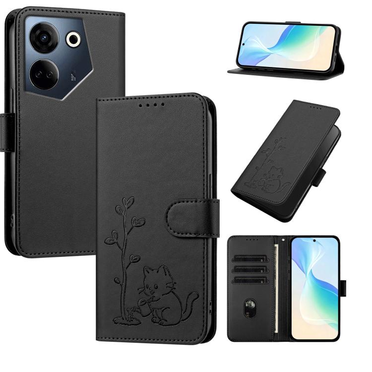 YX0014 Cat Watering Tree Buckle Vegan Leather Phone Case with Lanyard, For Tecno Camon 20 Premier, For Tecno Camon 20, For Tecno Spark 10C, For Tecno Spark 10, For Tecno Spark Go 2023, For Tecno Spark 10 Pro