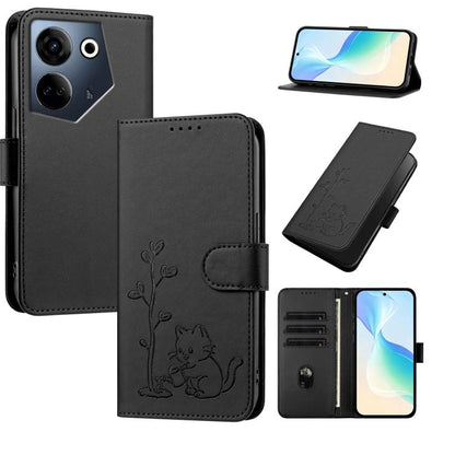 YX0014 Cat Watering Tree Buckle Vegan Leather Phone Case with Lanyard, For Tecno Camon 20 Premier, For Tecno Camon 20, For Tecno Spark 10C, For Tecno Spark 10, For Tecno Spark Go 2023, For Tecno Spark 10 Pro