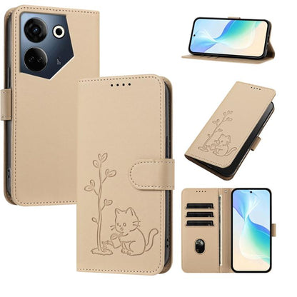 YX0014 Cat Watering Tree Buckle Vegan Leather Phone Case with Lanyard, For Tecno Camon 20 Premier, For Tecno Camon 20, For Tecno Spark 10C, For Tecno Spark 10, For Tecno Spark Go 2023, For Tecno Spark 10 Pro
