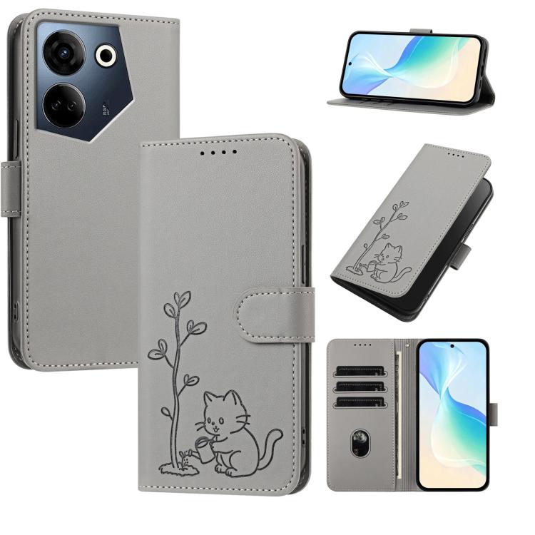YX0014 Cat Watering Tree Buckle Vegan Leather Phone Case with Lanyard, For Tecno Camon 20 Premier, For Tecno Camon 20, For Tecno Spark 10C, For Tecno Spark 10, For Tecno Spark Go 2023, For Tecno Spark 10 Pro