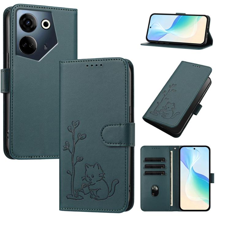 YX0014 Cat Watering Tree Buckle Vegan Leather Phone Case with Lanyard, For Tecno Camon 20 Premier, For Tecno Camon 20, For Tecno Spark 10C, For Tecno Spark 10, For Tecno Spark Go 2023, For Tecno Spark 10 Pro