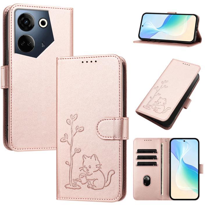 YX0014 Cat Watering Tree Buckle Vegan Leather Phone Case with Lanyard, For Tecno Camon 20 Premier, For Tecno Camon 20, For Tecno Spark 10C, For Tecno Spark 10, For Tecno Spark Go 2023, For Tecno Spark 10 Pro