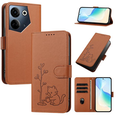 YX0014 Cat Watering Tree Buckle Vegan Leather Phone Case with Lanyard, For Tecno Camon 20 Premier, For Tecno Camon 20, For Tecno Spark 10C, For Tecno Spark 10, For Tecno Spark Go 2023, For Tecno Spark 10 Pro