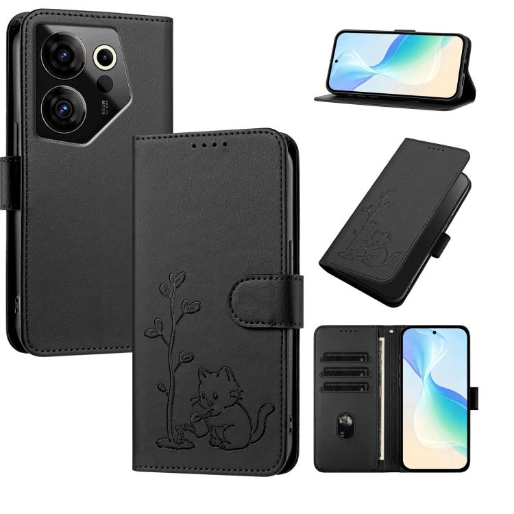 YX0014 Cat Watering Tree Buckle Vegan Leather Phone Case with Lanyard, For Tecno Camon 20 Premier, For Tecno Camon 20, For Tecno Spark 10C, For Tecno Spark 10, For Tecno Spark Go 2023, For Tecno Spark 10 Pro