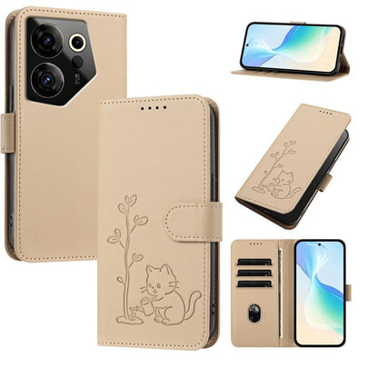 YX0014 Cat Watering Tree Buckle Vegan Leather Phone Case with Lanyard, For Tecno Camon 20 Premier, For Tecno Camon 20, For Tecno Spark 10C, For Tecno Spark 10, For Tecno Spark Go 2023, For Tecno Spark 10 Pro
