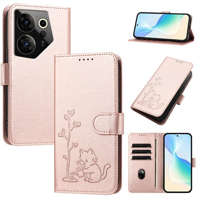 YX0014 Cat Watering Tree Buckle Vegan Leather Phone Case with Lanyard, For Tecno Camon 20 Premier, For Tecno Camon 20, For Tecno Spark 10C, For Tecno Spark 10, For Tecno Spark Go 2023, For Tecno Spark 10 Pro