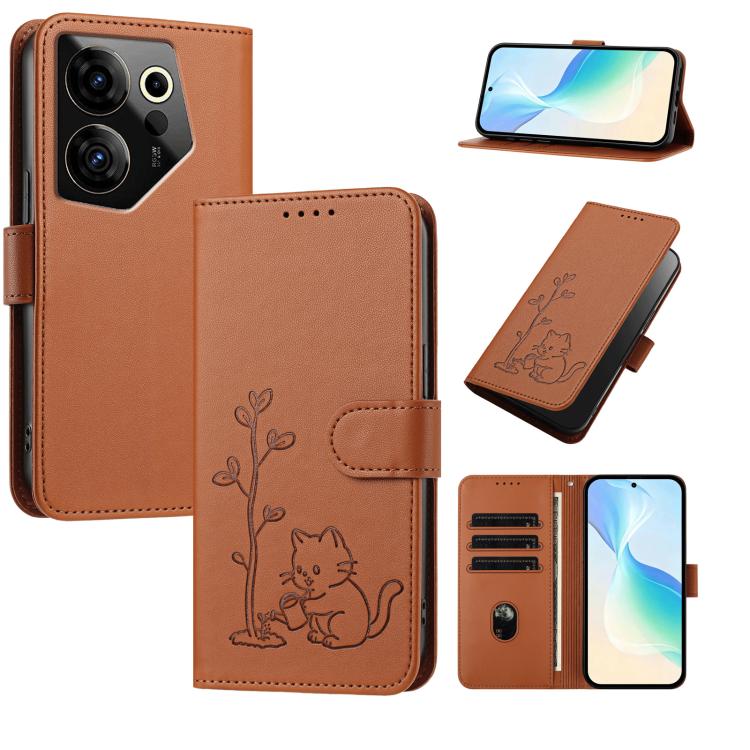 YX0014 Cat Watering Tree Buckle Vegan Leather Phone Case with Lanyard, For Tecno Camon 20 Premier, For Tecno Camon 20, For Tecno Spark 10C, For Tecno Spark 10, For Tecno Spark Go 2023, For Tecno Spark 10 Pro
