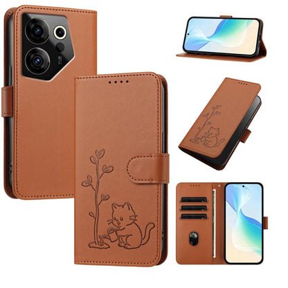 YX0014 Cat Watering Tree Buckle Vegan Leather Phone Case with Lanyard, For Tecno Camon 20 Premier, For Tecno Camon 20, For Tecno Spark 10C, For Tecno Spark 10, For Tecno Spark Go 2023, For Tecno Spark 10 Pro