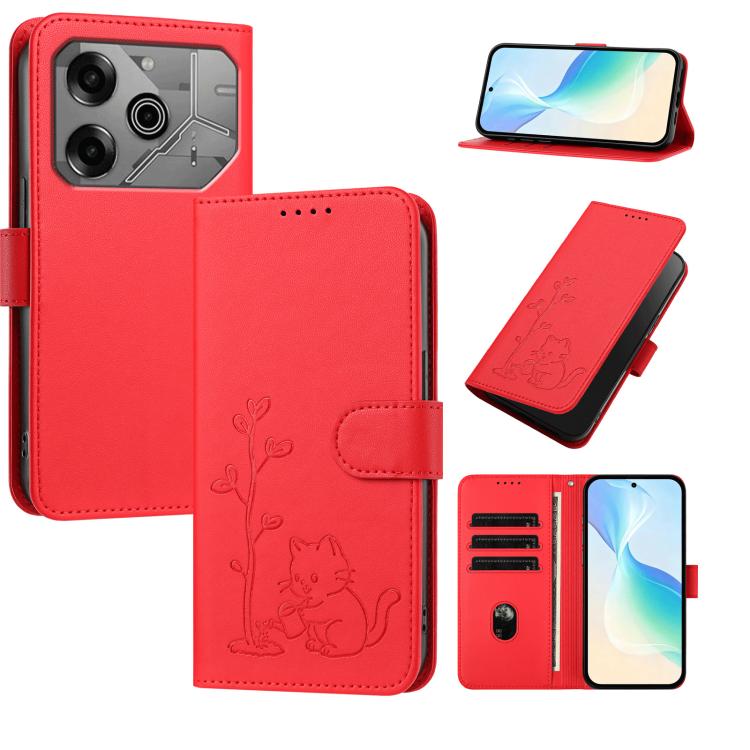 YX0014 Cat Watering Tree Buckle Vegan Leather Phone Case with Lanyard, For Tecno Spark Go 2025, For Tecno Pova 6 Neo 5G, For Tecno Spark 30C, For Tecno Pova 6 Neo, For Tecno Camon 30 Pro, For Tecno Pova 6 Pro, For Tecno Spark 20 Pro, For Tecno Spark 20...