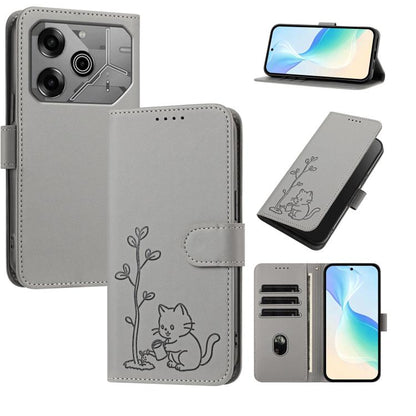 YX0014 Cat Watering Tree Buckle Vegan Leather Phone Case with Lanyard, For Tecno Spark Go 2025, For Tecno Pova 6 Neo 5G, For Tecno Spark 30C, For Tecno Pova 6 Neo, For Tecno Camon 30 Pro, For Tecno Pova 6 Pro, For Tecno Spark 20 Pro, For Tecno Spark 20...