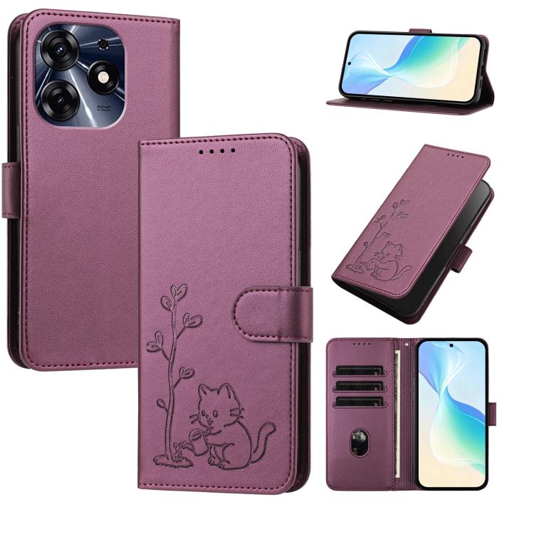 YX0014 Cat Watering Tree Buckle Vegan Leather Phone Case with Lanyard, For Tecno Camon 20 Premier, For Tecno Camon 20, For Tecno Spark 10C, For Tecno Spark 10, For Tecno Spark Go 2023, For Tecno Spark 10 Pro