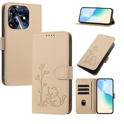 YX0014 Cat Watering Tree Buckle Vegan Leather Phone Case with Lanyard, For Tecno Camon 20 Premier, For Tecno Camon 20, For Tecno Spark 10C, For Tecno Spark 10, For Tecno Spark Go 2023, For Tecno Spark 10 Pro