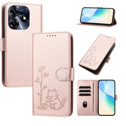 YX0014 Cat Watering Tree Buckle Vegan Leather Phone Case with Lanyard, For Tecno Camon 20 Premier, For Tecno Camon 20, For Tecno Spark 10C, For Tecno Spark 10, For Tecno Spark Go 2023, For Tecno Spark 10 Pro