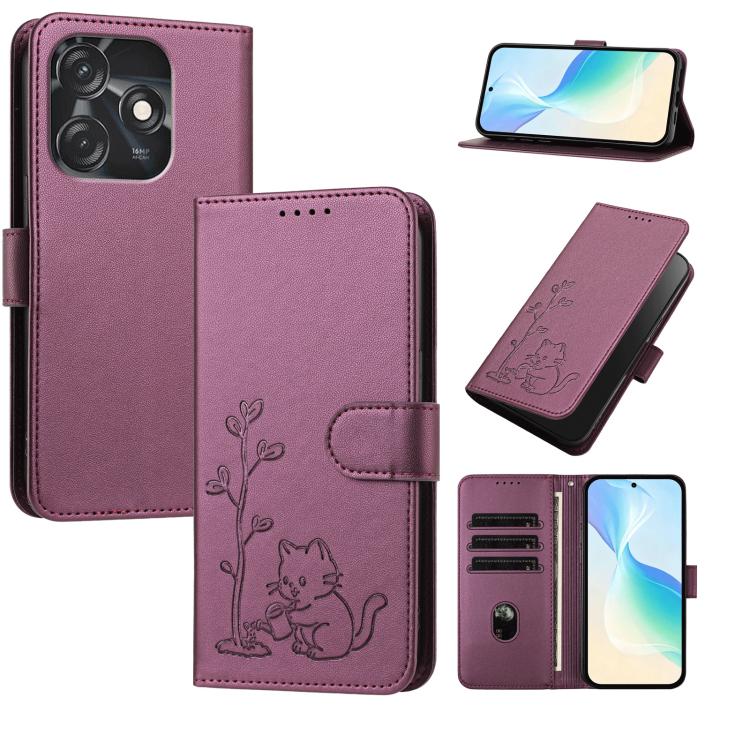 YX0014 Cat Watering Tree Buckle Vegan Leather Phone Case with Lanyard, For Tecno Camon 20 Premier, For Tecno Camon 20, For Tecno Spark 10C, For Tecno Spark 10, For Tecno Spark Go 2023, For Tecno Spark 10 Pro