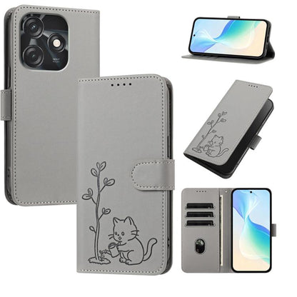 YX0014 Cat Watering Tree Buckle Vegan Leather Phone Case with Lanyard, For Tecno Camon 20 Premier, For Tecno Camon 20, For Tecno Spark 10C, For Tecno Spark 10, For Tecno Spark Go 2023, For Tecno Spark 10 Pro