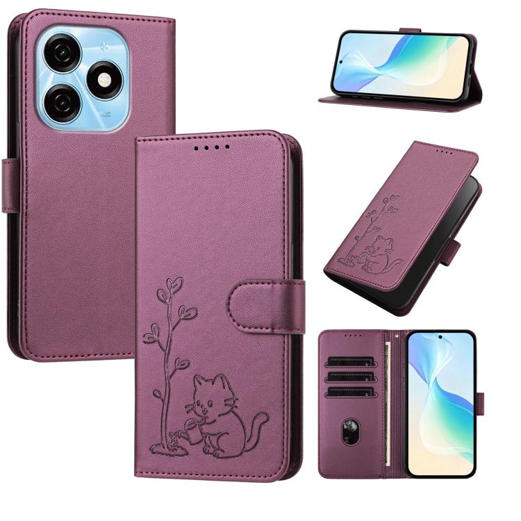 YX0014 Cat Watering Tree Buckle Vegan Leather Phone Case with Lanyard, For Tecno Spark Go 2025, For Tecno Pova 6 Neo 5G, For Tecno Spark 30C, For Tecno Pova 6 Neo, For Tecno Camon 30 Pro, For Tecno Pova 6 Pro, For Tecno Spark 20 Pro, For Tecno Spark 20...