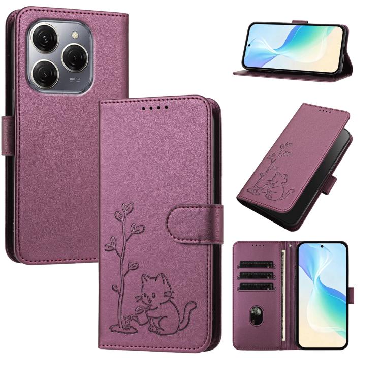 YX0014 Cat Watering Tree Buckle Vegan Leather Phone Case with Lanyard, For Tecno Spark Go 2025, For Tecno Pova 6 Neo 5G, For Tecno Spark 30C, For Tecno Pova 6 Neo, For Tecno Camon 30 Pro, For Tecno Pova 6 Pro, For Tecno Spark 20 Pro, For Tecno Spark 20...