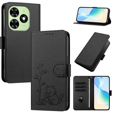 YX0014 Cat Watering Tree Buckle Vegan Leather Phone Case with Lanyard, For Tecno Spark Go 2025, For Tecno Pova 6 Neo 5G, For Tecno Spark 30C, For Tecno Pova 6 Neo, For Tecno Camon 30 Pro, For Tecno Pova 6 Pro, For Tecno Spark 20 Pro, For Tecno Spark 20...