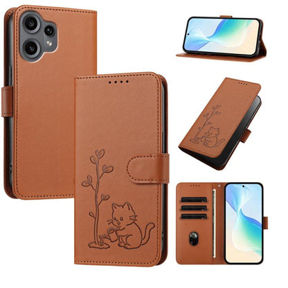 YX0014 Cat Watering Tree Buckle Vegan Leather Phone Case with Lanyard, For Nothing Phone 4a, For Nothing Phone 4a Pro, For Nothing CMF Phone 2 Pro, For Nothing Phone 3a, For Nothing Phone 3a Pro, For Nothing Phone 2a, For Nothing Phone 2