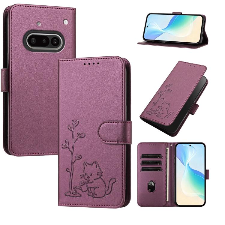 YX0014 Cat Watering Tree Buckle Vegan Leather Phone Case with Lanyard, For Nothing Phone 4a, For Nothing Phone 4a Pro, For Nothing CMF Phone 2 Pro, For Nothing Phone 3a, For Nothing Phone 3a Pro, For Nothing Phone 2a, For Nothing Phone 2